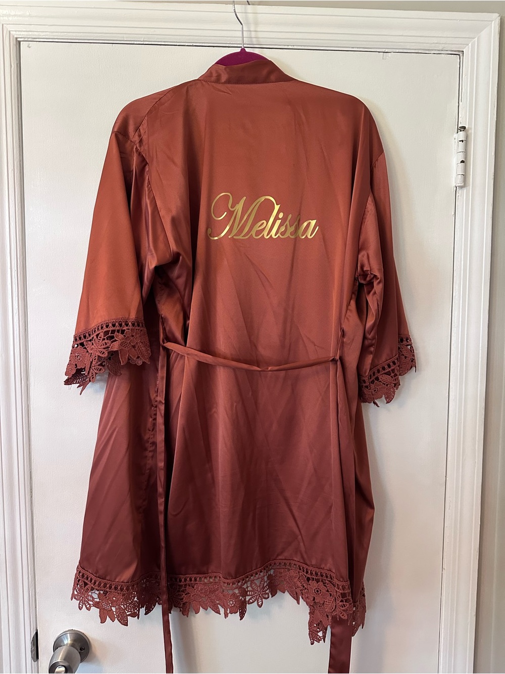 Personalized Satin Robe with Lace Trim - Rust. “Melissa”